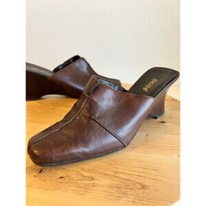 Vintage 90s Nicole Brown Genuine Leather Square Toe Wedge Clog Mule Size 7